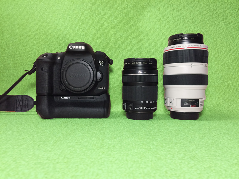 EOS 7D Mk2(左)とレンズ EF-S18-135mm F3.5-5.6 IS STM(中央) EF-70-300mm F4-5.6L IS USM(右)