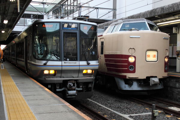 発車待ち223系と終点に到着したムーンライトながら183系(2012/07/30 大垣駅)